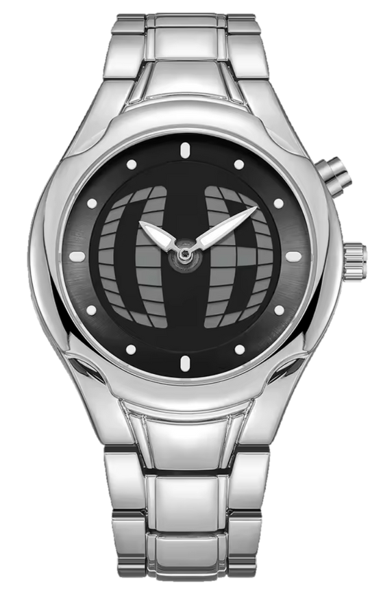 Montre Orbe à cadran noir, boîtier et bracelet argentés