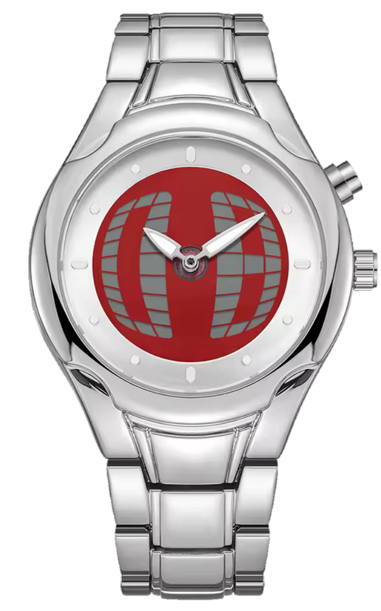 Montre Orbe à cadran rouge, boîtier et bracelet argentés