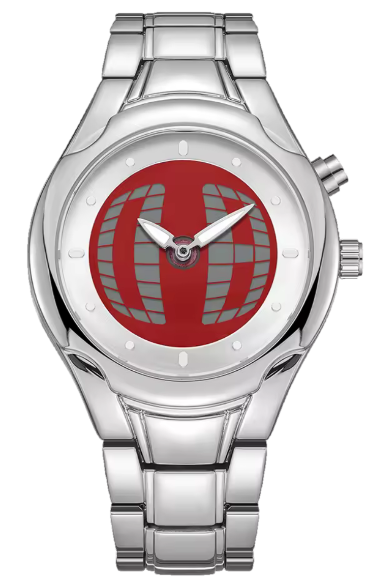 Montre Orbe à cadran rouge, boîtier et bracelet argentés